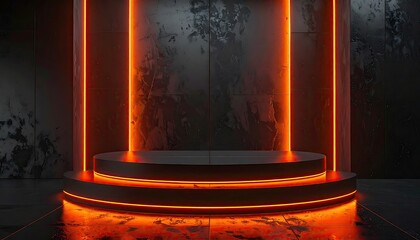 Neon-lit stage with dark stone background