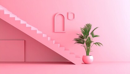 Pink monochromatic interior with stairs, arches, and plant