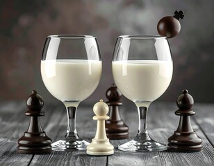 Two glasses of white beverage with chess pieces on wooden board