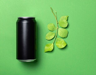 Black can and leafy branch on bright green background