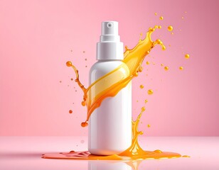 White bottle with vibrant orange liquid splash on pink background