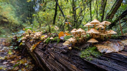 Fototapeta premium Vibrant cluster of delicate mushrooms emerges from a mossy log in a lush forest setting