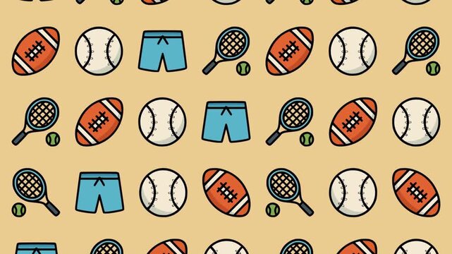 Looping Motion Background of Colorful Sport Equipment Icons Including Tennis Ball, Baseball, and Sportswear in Minimal Animation Design