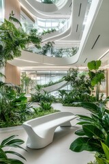 Modern Indoor Atrium with Lush Greenery and Sleek Architecture in a Contemporary Office Building

