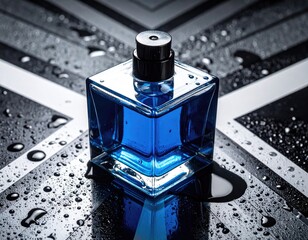 Blue liquid in glass cube on striped surface with water drops