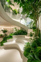 Modern Indoor Garden with Curved Staircase and Lush Greenery in Contemporary Architectural Space