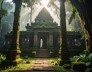 Ancient, mossy temple ruin amid lush jungle, sunlit