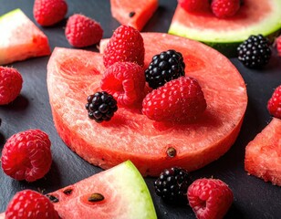 Sliced watermelon adorned with raspberries and blackberries