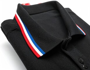 Black polo shirt with red, white, and blue collar stripes
