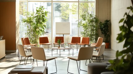 Modern Conference Room with Natural Light and Greenery for Productive Meetings and Collaborative Workspaces