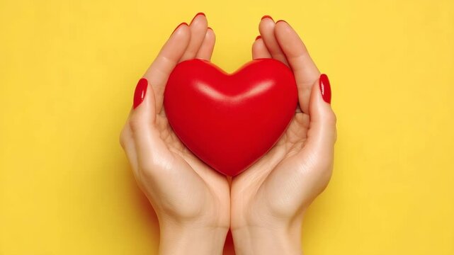 Close-up of female hands with red nails holding a red heart shape, realistic style, on vibrant yellow background, symbolizing love and care