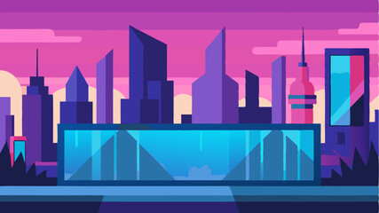 Fototapeta premium A panoramic panorama of a vibrant city skyline showcasing largescale digital murals on virtual billboards and walls.