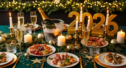 New Year 2026 Celebration Table Setting Elegant Feast Decorations