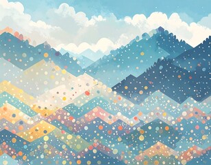 Pastel mountain range scene, dotted with snow