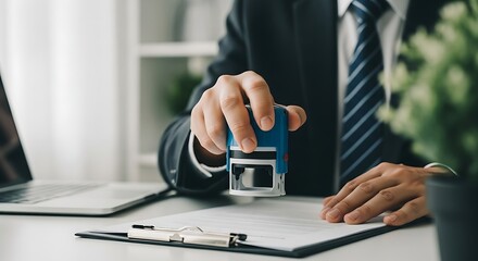 Professional stamping a document with a blue ink notary stamp in an office setting