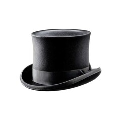 Classic black top hat with textured band and brim isolated on white background