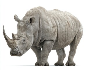Obraz premium Full shot of a white rhinoceros. Large, gray rhino, single horn, isolated on white