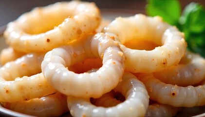 Fresh, glistening calamari rings ready for cooking, showcasing their pearly white color and firm texture.  High-quality seafood at the market, perfect for a delicious meal.