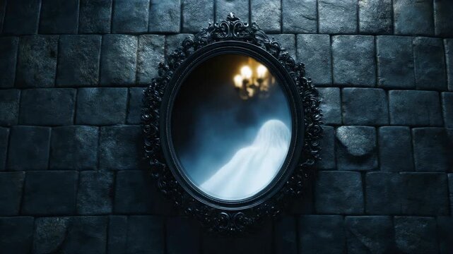 Mysterious ghostly figure reflected in an ornate mirror, foggy and dimly lit, mounted on a dark stone wall, evoking a haunting atmosphere