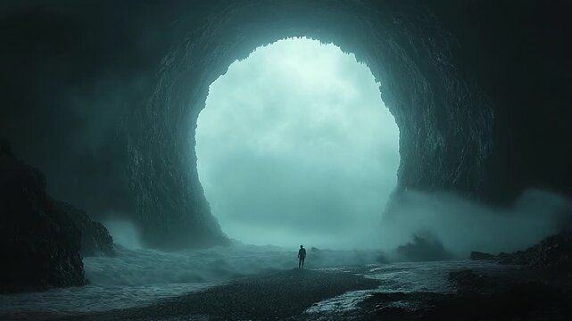 A Lone Figure Before a Giant Luminous Orb in a Mysterious Cave.