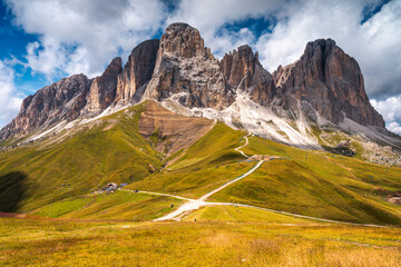 Scenic Mountain Landscape in the Dolomites, Italy. Alpine Meadow with Peaks of the Dolomites