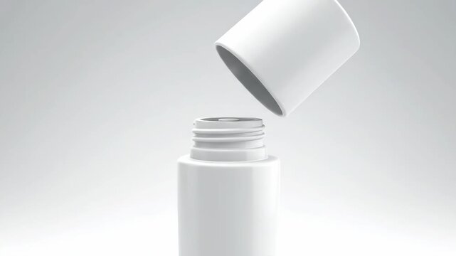 White cosmetic product bottle with cap closing animation. Blank clean packaging object for beauty and skincare. Clean background footage.
