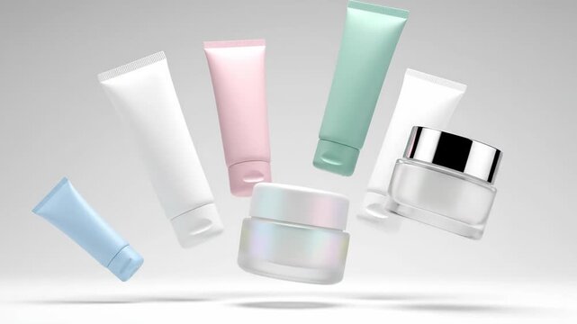 Assorted cosmetic containers floating and rotating, showcasing skincare product packaging for beauty advertising.