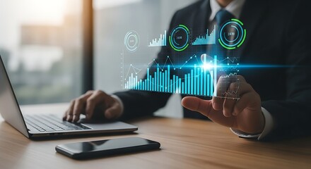 Businessman interacting with futuristic holographic financial data and analytics on a desk