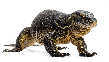 Obraz premium Large lizard, dark scales, yellow spots, alert posture