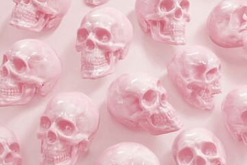 Pale pink skulls arranged in a pattern on a pastel pink background