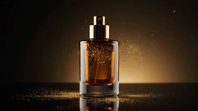 Golden perfume bottle falling into place on reflective surface with glitter. Cosmetic product display against dark background with light, footage.