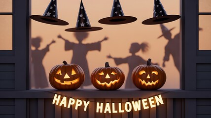 Title: Happy halloween pumpkins with witches hats and spooky shadows
