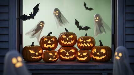 Title: Scary halloween pumpkins with ghosts and bats in spooky window scene
