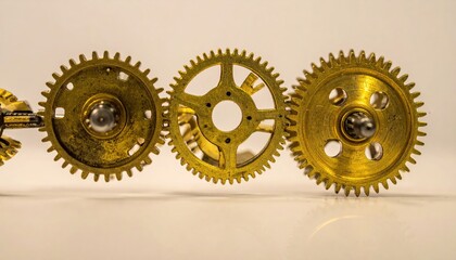 Golden gears linked, intricate detail, light reflection