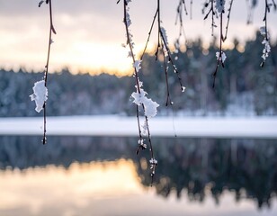 Snow clings to branches above a lake reflecting trees