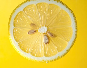 Sliced lemon shows segments, seeds, peel, on yellow ground