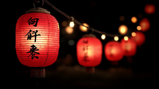 Glowing red paper lanterns hanging in a row during Shinno Matsuri night festival in Japan