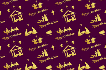Christmas seamless background with holy night scene graphic elements. Gift box wrapping paper design