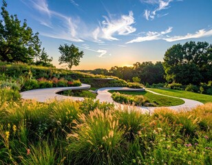 Curvy path winds through grassy garden under blue sky