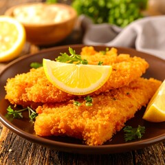Crispy fried fish fillets, garnished with lemon wedges and fresh herbs, served on a plate