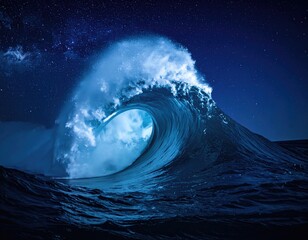 Huge wave curls under starlit sky; powerful oceanic scene