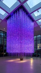 Cascading purple light sculpture in modern building