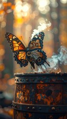 Steampunk butterfly atop a rustic barrel with hazy smoke