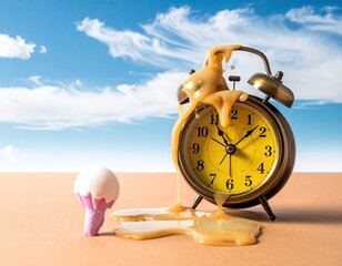 Melting clock & cone. Sky backdrop. Conceptual, surreal