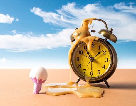Melting clock & cone. Sky backdrop. Conceptual, surreal
