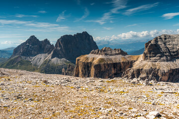 Scenic Mountain Landscape in the Dolomites, Italy. Dolomites Mountain Range. Mountain panorama with blue sky