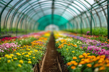 Colorful flowers blooming in rows inside a greenhouse during daylight