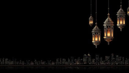 Fototapeta premium Ornate lanterns hang against a city skyline at night