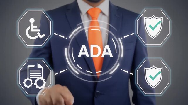 Business man working on virtual touch screen presses abbreviation: ADA. ADA Americans with Disabilities Act concept. Disability Law Social Services.video