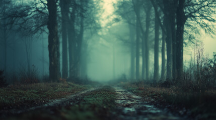 Foggy forest path with mystical morning atmosphere
